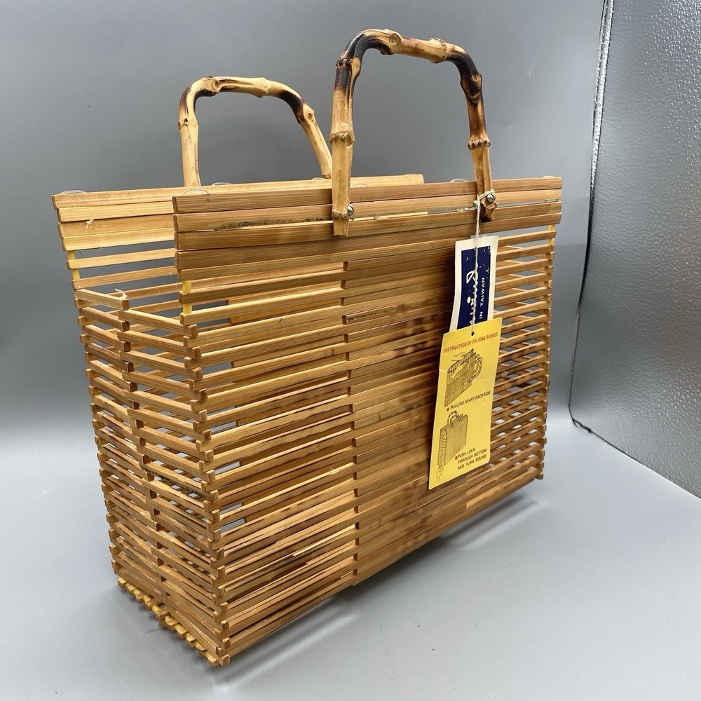 Vintage JOHN WIND Folding Basket Handbag Purse Bamboo Taiwan Boho Folds Flat - Picture 3 of 12
